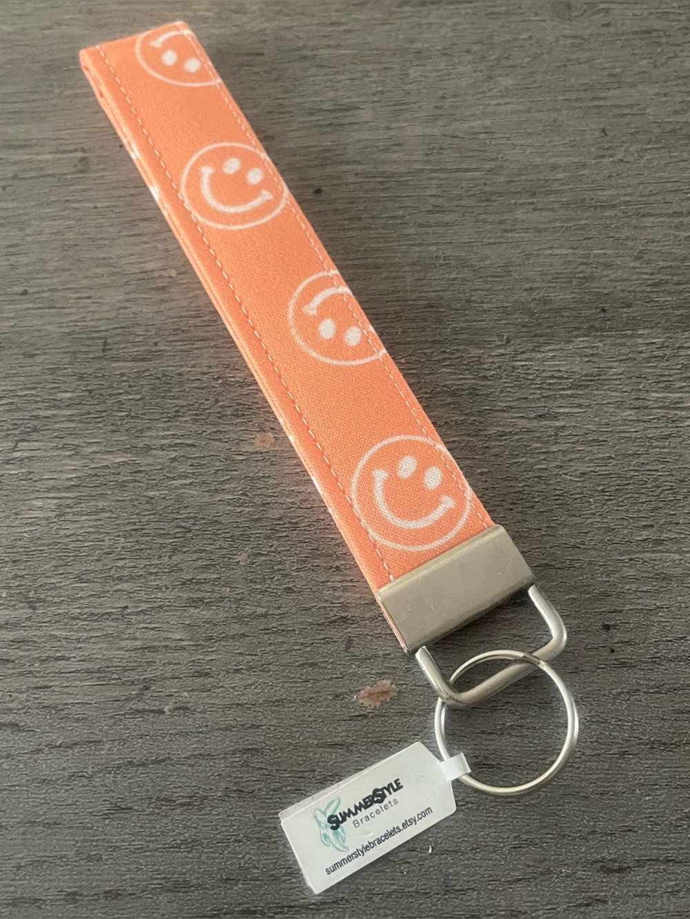 Orange Smiley Face Key Fob Wristlet Keychain